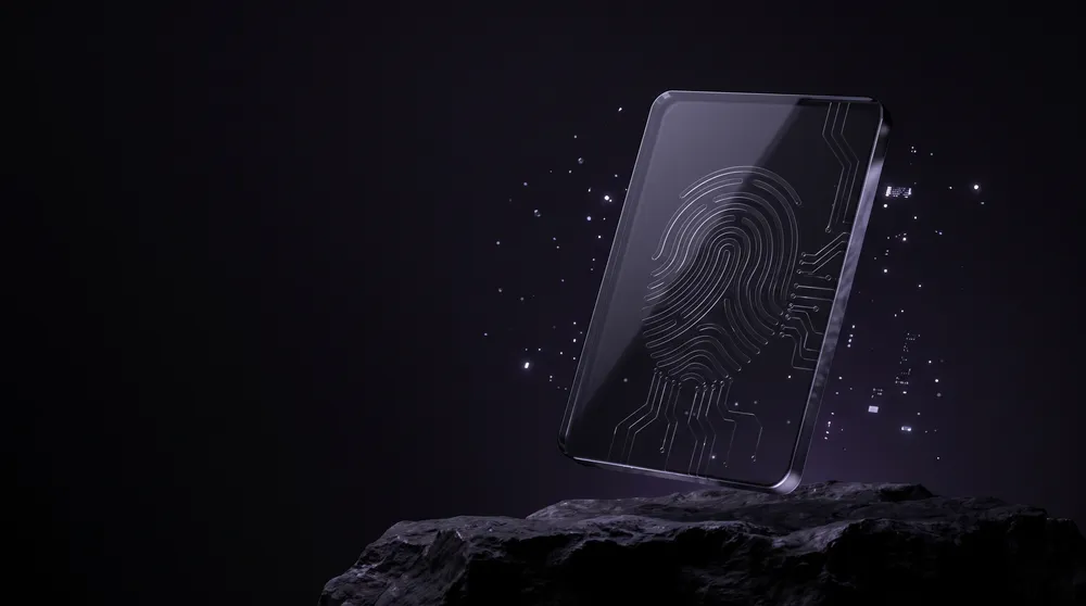 Dark glass identity plate representing sovereign digital identity
